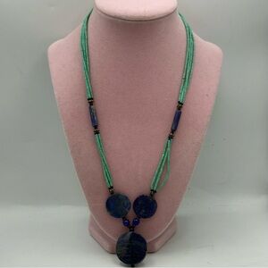 Multi-strands Beaded Lapis Lazuli and turqouise Pendant Necklace